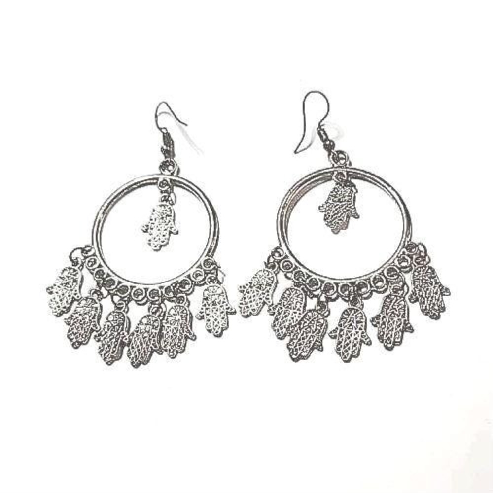 Hamsa Earrings, Hands Of Fatima Earrings, Silver Tone Hook Dangling Earrings